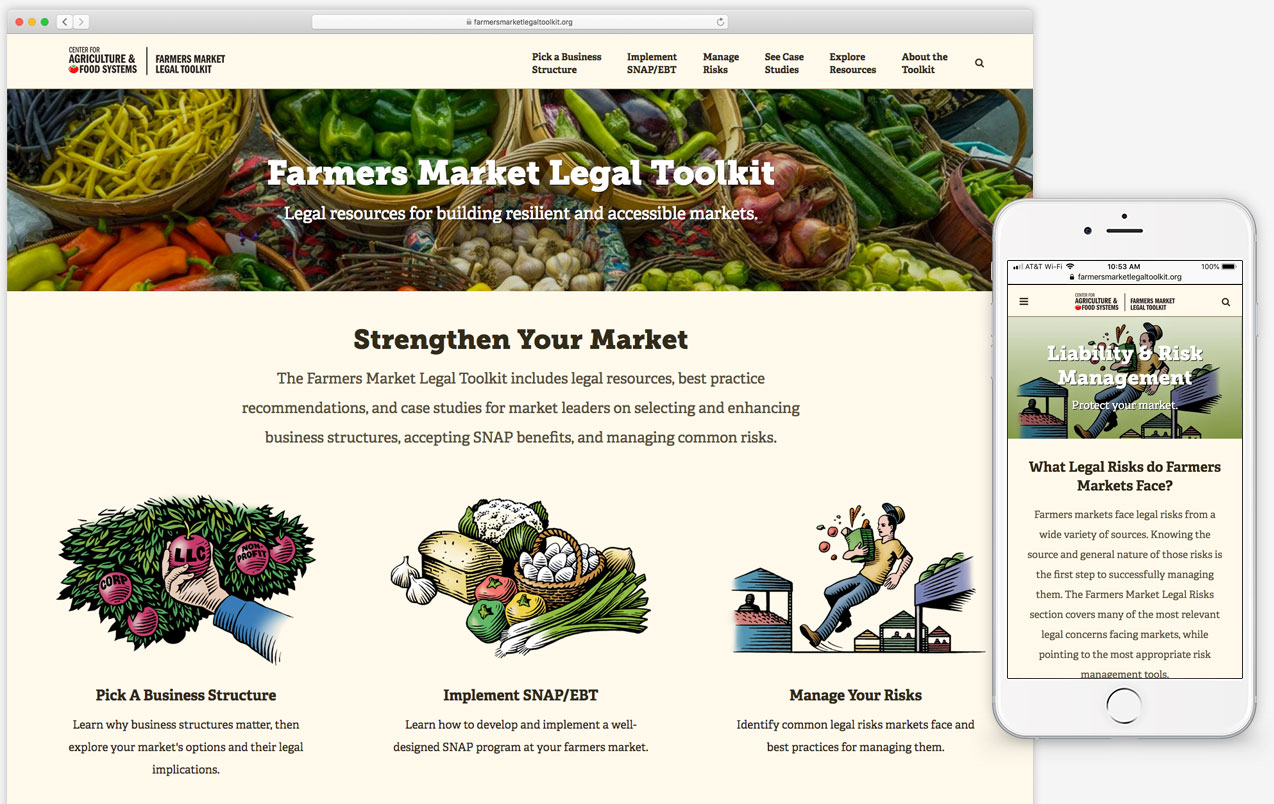Responsive wordpress website for the Farmers Market Legal Toolkit, a project of the Center for Agriculture and Food Systems at Vermont Law School