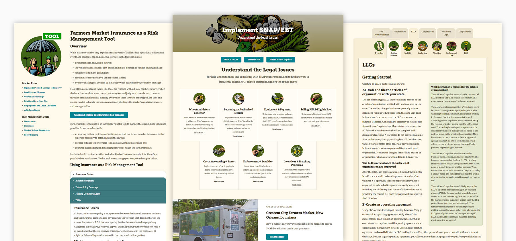 Three responsive website page views for the Farmers Market Legal Toolkit