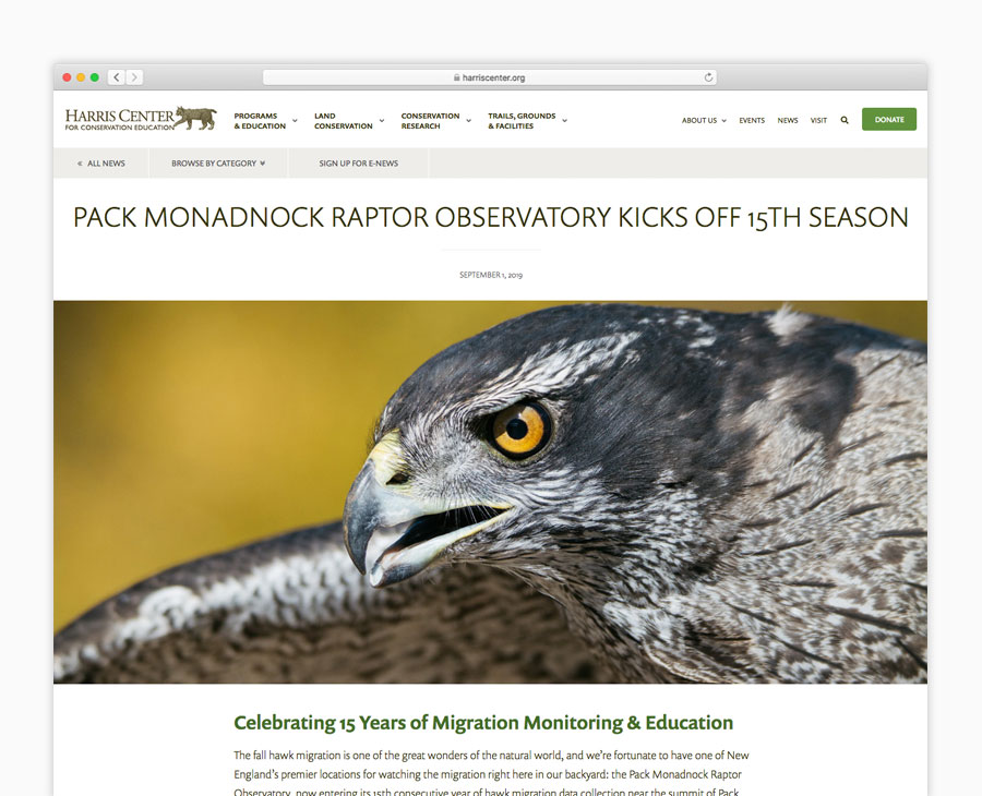 Desktop browser version of the Harris Center for Conservation Education's website