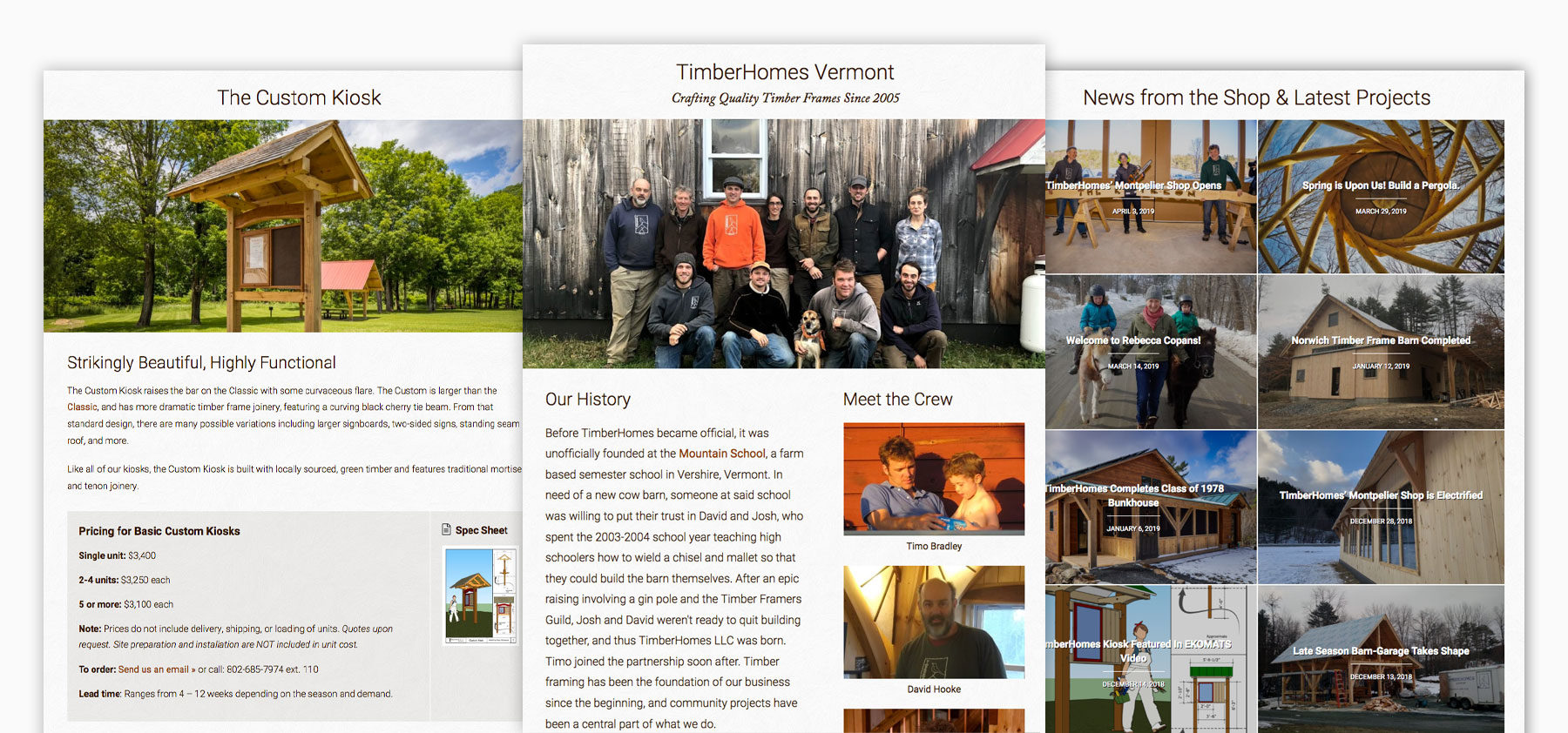 Three page views of timber frame website: kiosks, about page, and blog / news